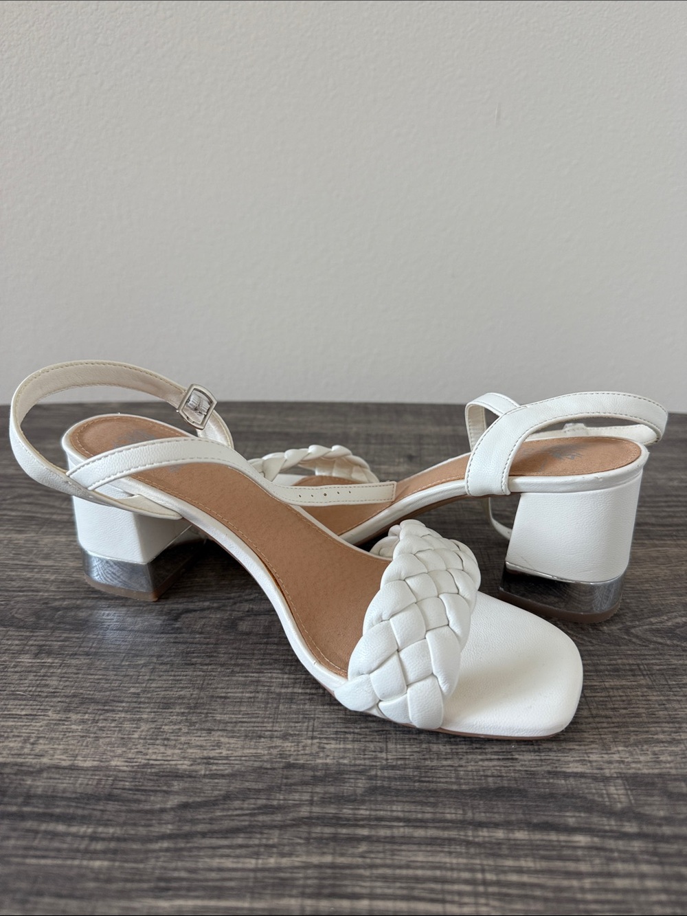 Braided Strap White Block Heel Sandals with Ankle Strap